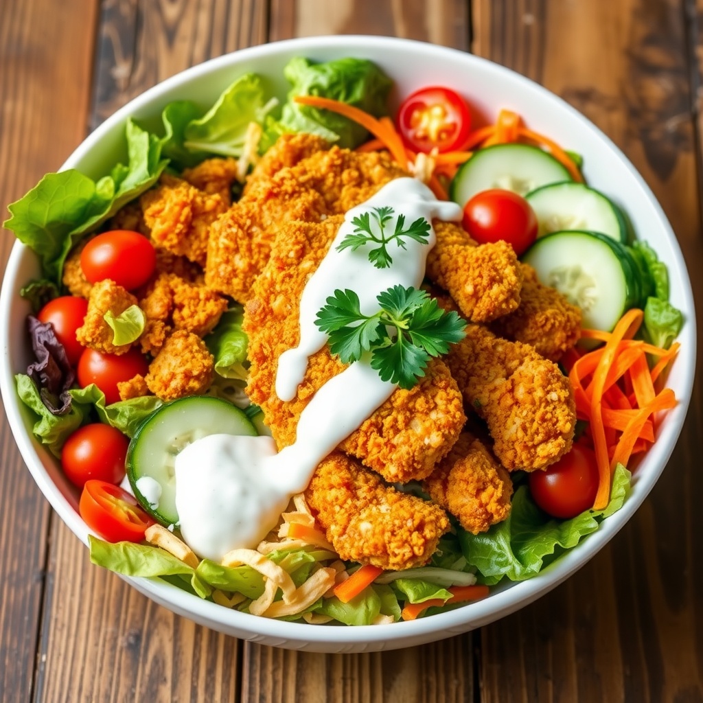 A colorful crispy chicken salad with greens, tomatoes, cucumbers, and ranch dressing on a rustic table.